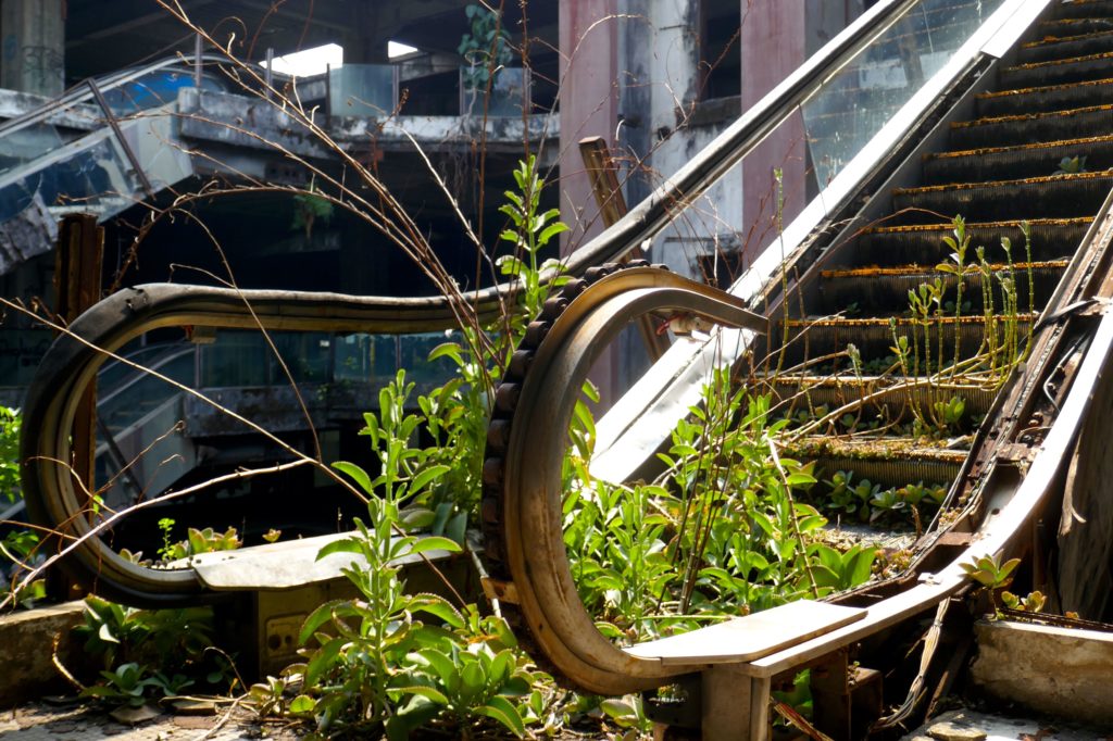 Lost Place New World Mall, Bangkok. Unkraut überwuchert die verrottenden Stufen der Rolltreppe.