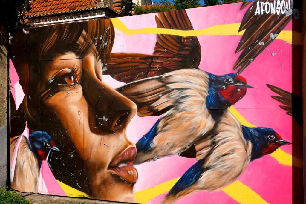 "Inner Feeling" Mural von Afonsoul beim Cor de Chelas Festival mit Frauenporträt und Vögeln