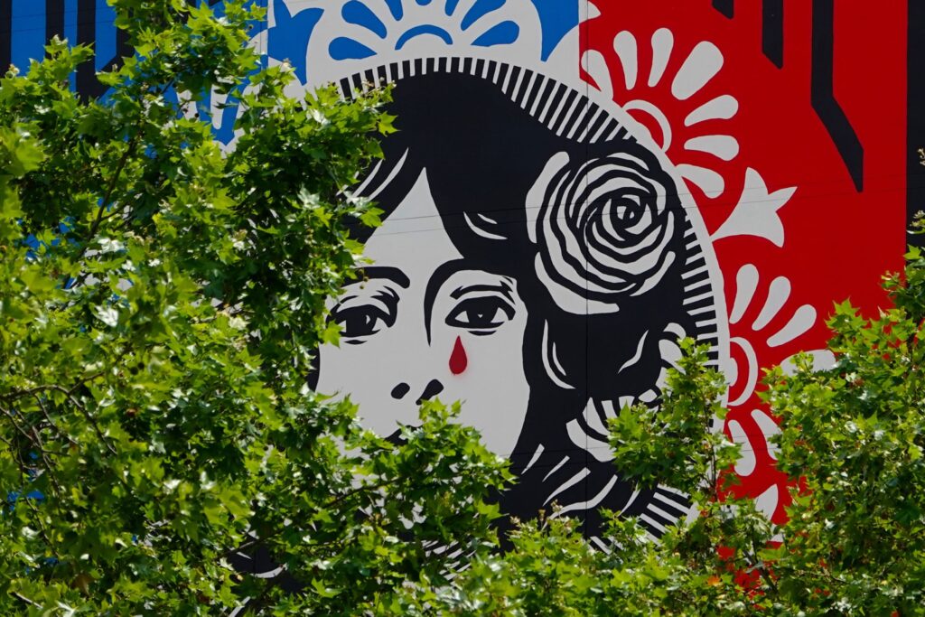 Marianne-Porträt mit roter Träne von Shepard Fairey, teilweise von Baumzweigen verdeckt, vor französischer Flagge in Paris 13